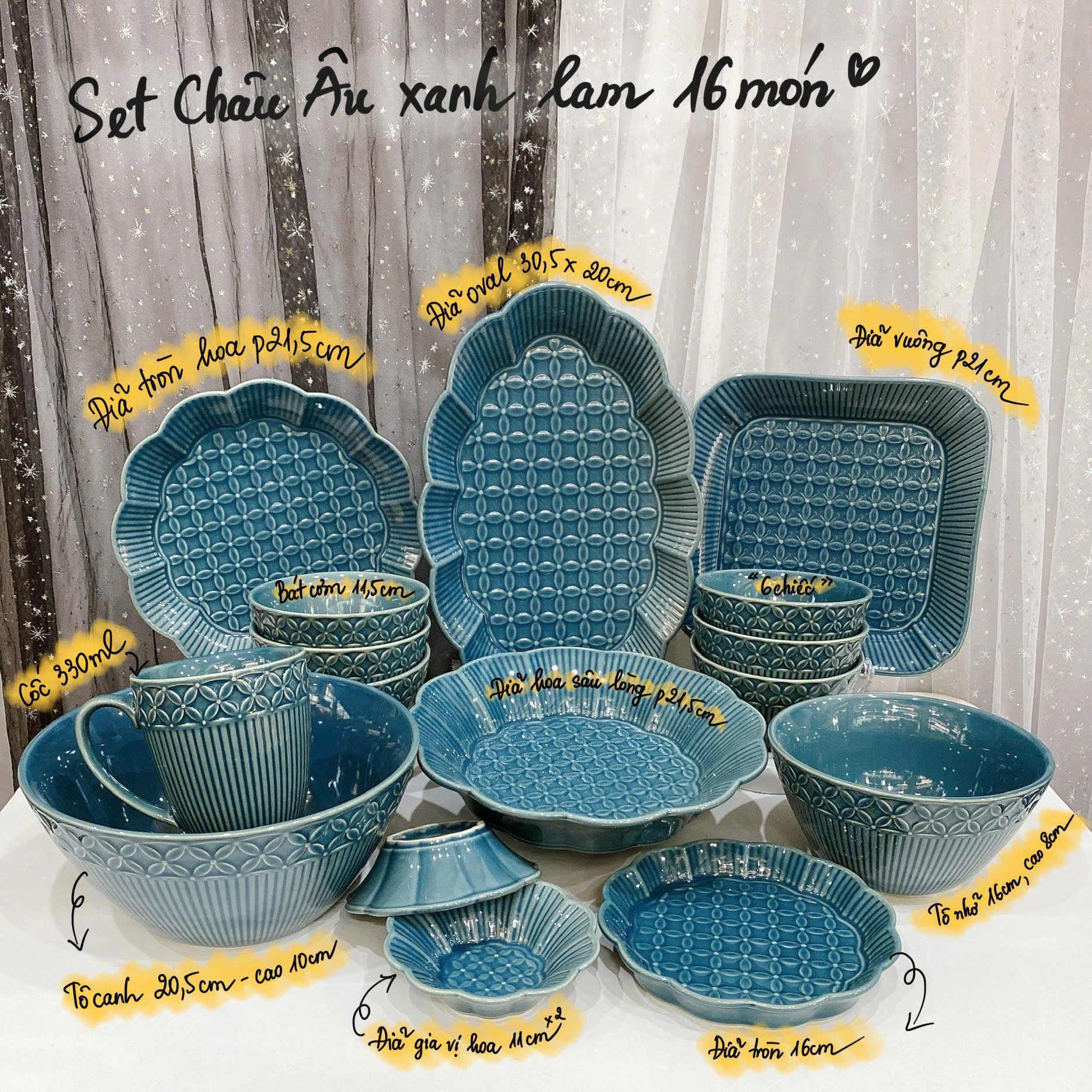 Set bát 16 chi tiết men hoàng thổ/xanh lam cao cấp
