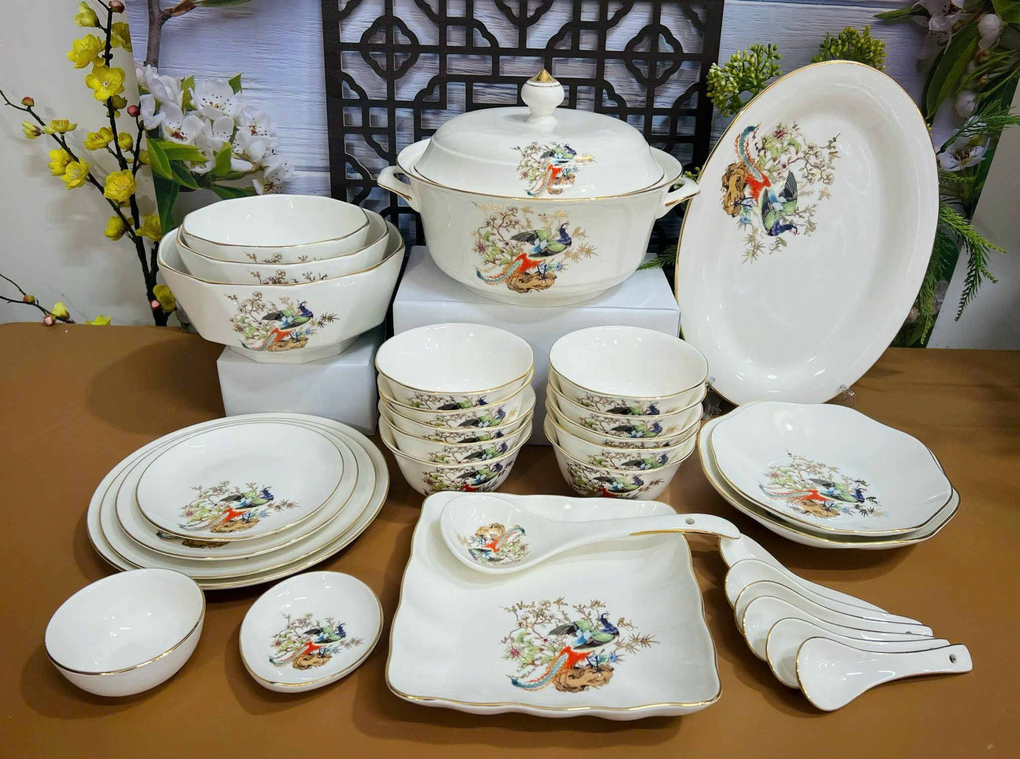 Bộ Bát Đĩa Cao Cấp 31 Chi Tiết - Họa Tiết Chim Công Sang Trọng