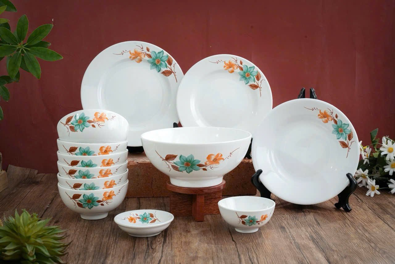 Bộ bát đĩa 12 chi tiết Bát Tràng men trắng cao cấp