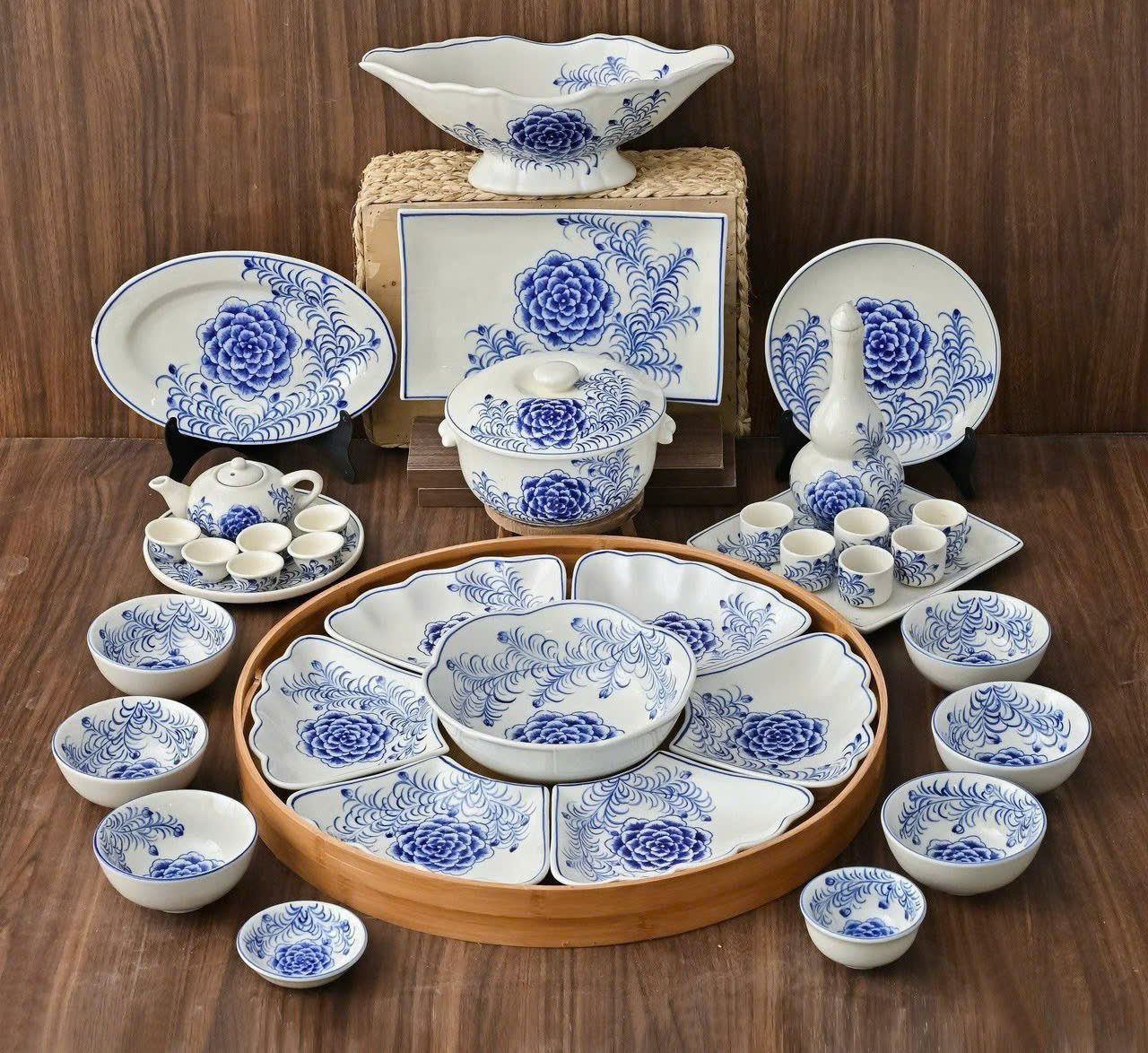 Set Bát Đĩa Hoa Mặt Trời 23 Món Bát Tràng – Men 3 Lớp, Vẽ Tay