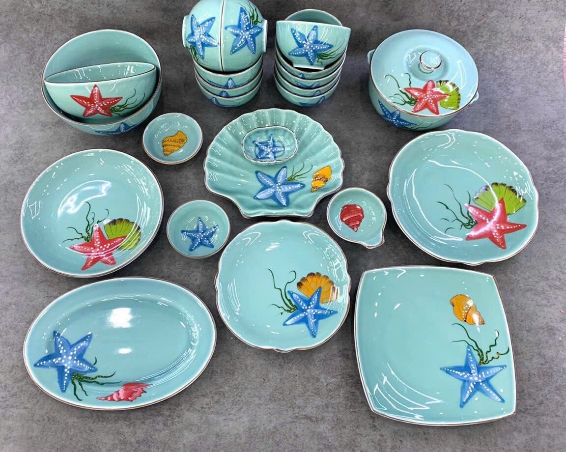 Bộ Đồ Ăn Sứ Men Khử Vẽ Tay Thủ Công – Đại Dương Xanh