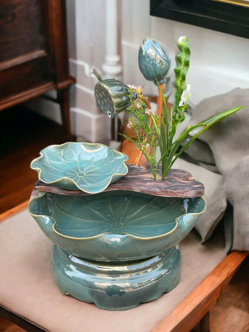 Thác Nước Phong Thủy Mini Để Bàn Sen Nụ – H42cm, ĐK 30cm