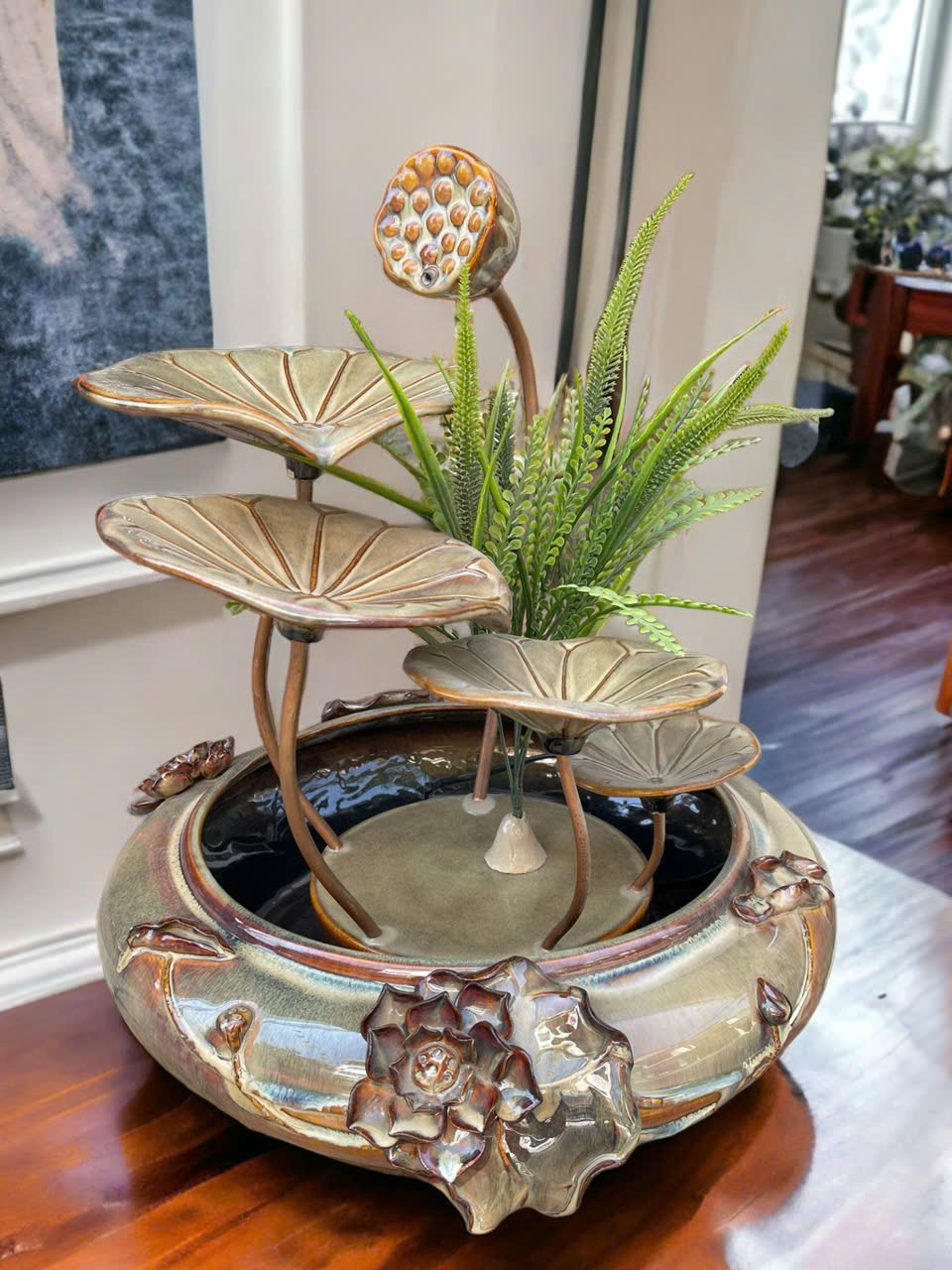 Thác Nước Phong Thủy Mini Để Bàn Sen Đắp Đại – H50cm, ĐK 40cm