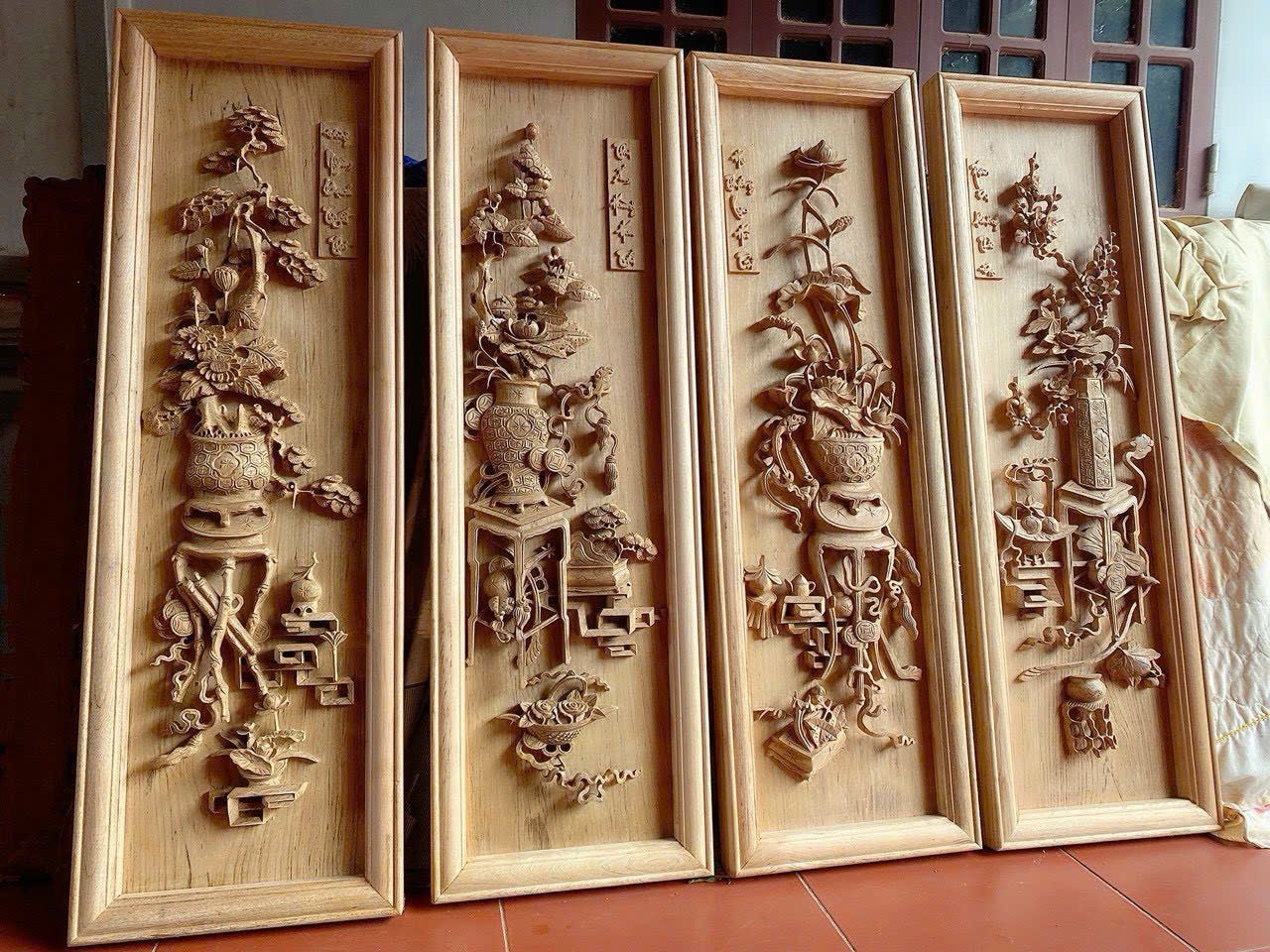 Bộ Tranh Tứ Bình Cổ Gỗ Gụ Lào – Chạm Khắc Tinh Xảo (37x117x5cm)