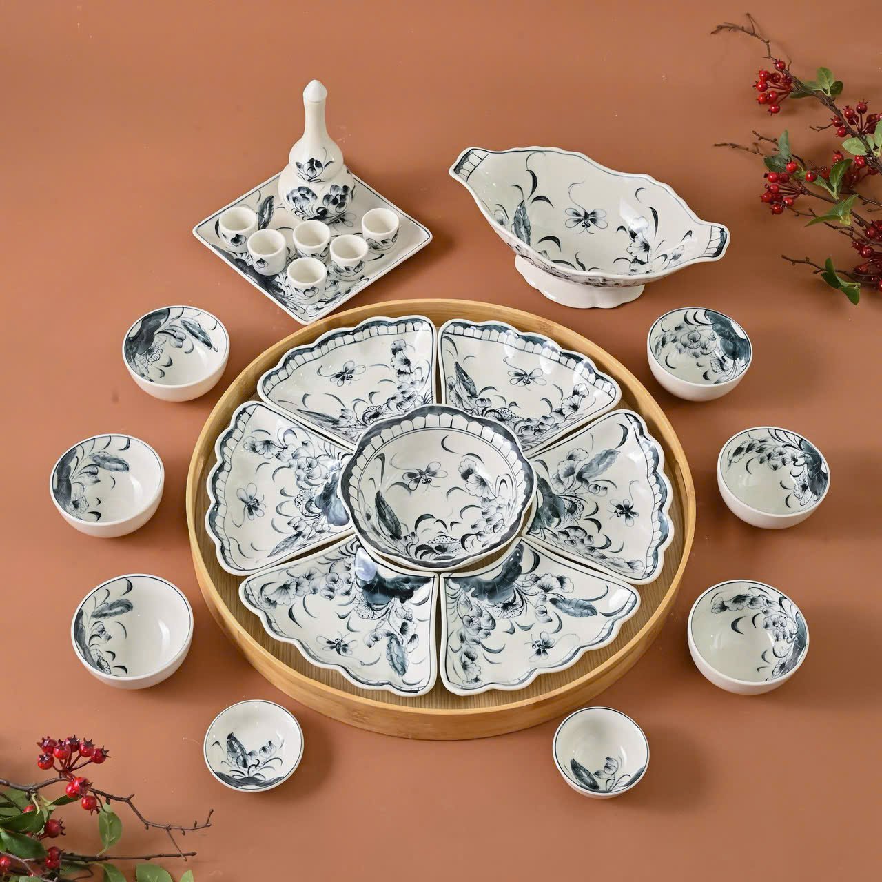 Set Bát Đĩa Hoa Mặt Trời 17 Món Bát Tràng - Men Sứ Cao Cấp, Vẽ Tay Tinh Xảo