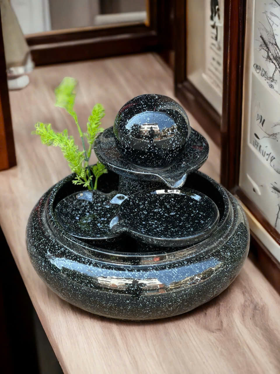 Thác Nước Phong Thủy Luân Hồi Mini Địa Cầu Đen - Cao 23cm, Đường Kính 30cm