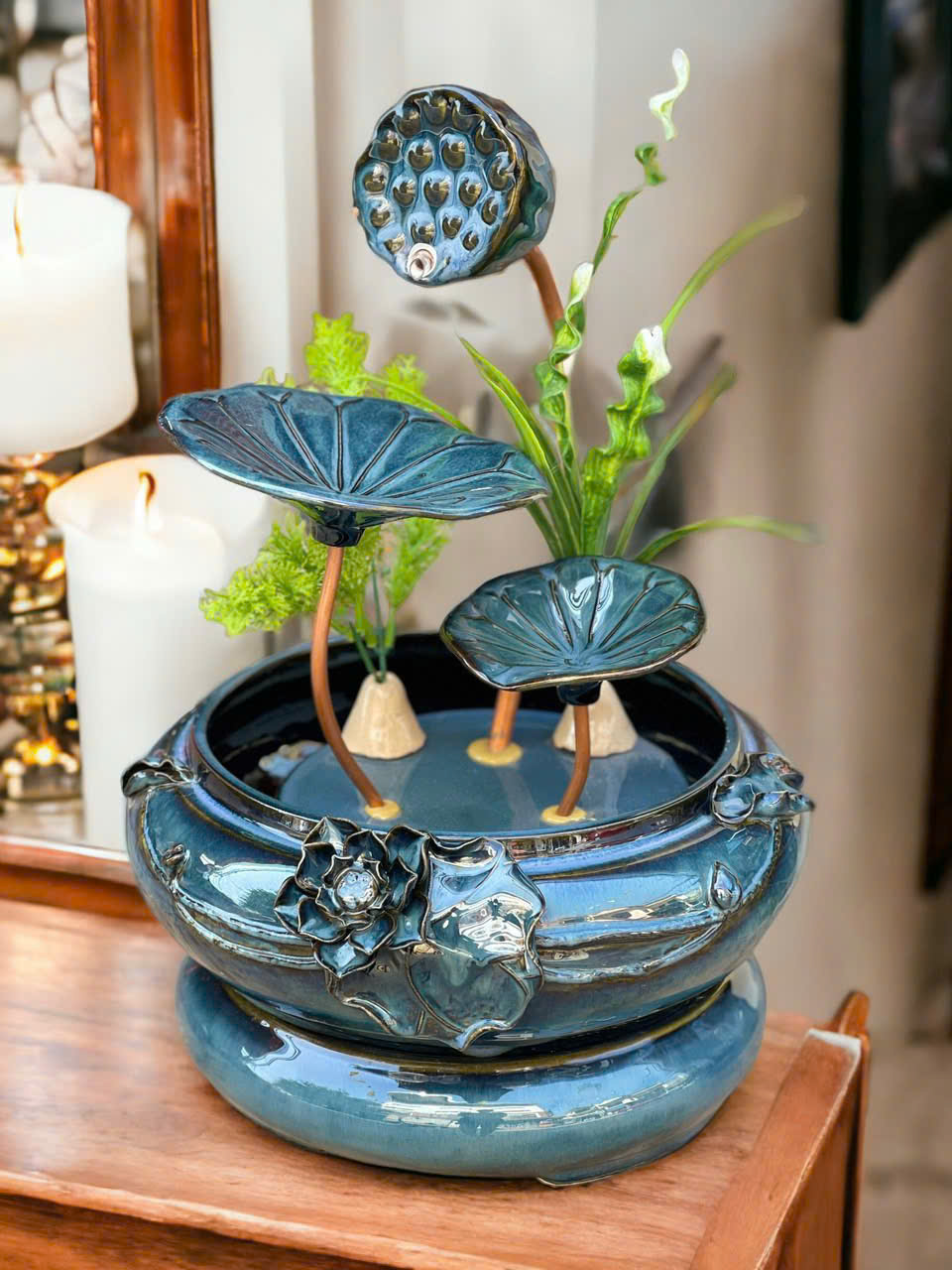 Thác Nước Phong Thủy Luân Hồi Mini Sen Đắp Nhỏ – Cao 42cm, Đường Kính 30cm