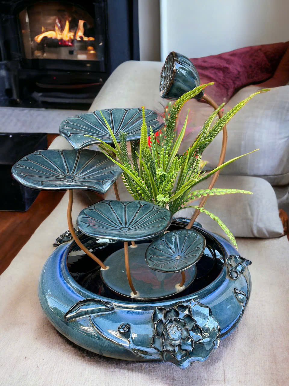 Thác Nước Phong Thủy Luân Hồi Mini Sen Đắp Đại – Cao 50cm, Đường Kính 40cm