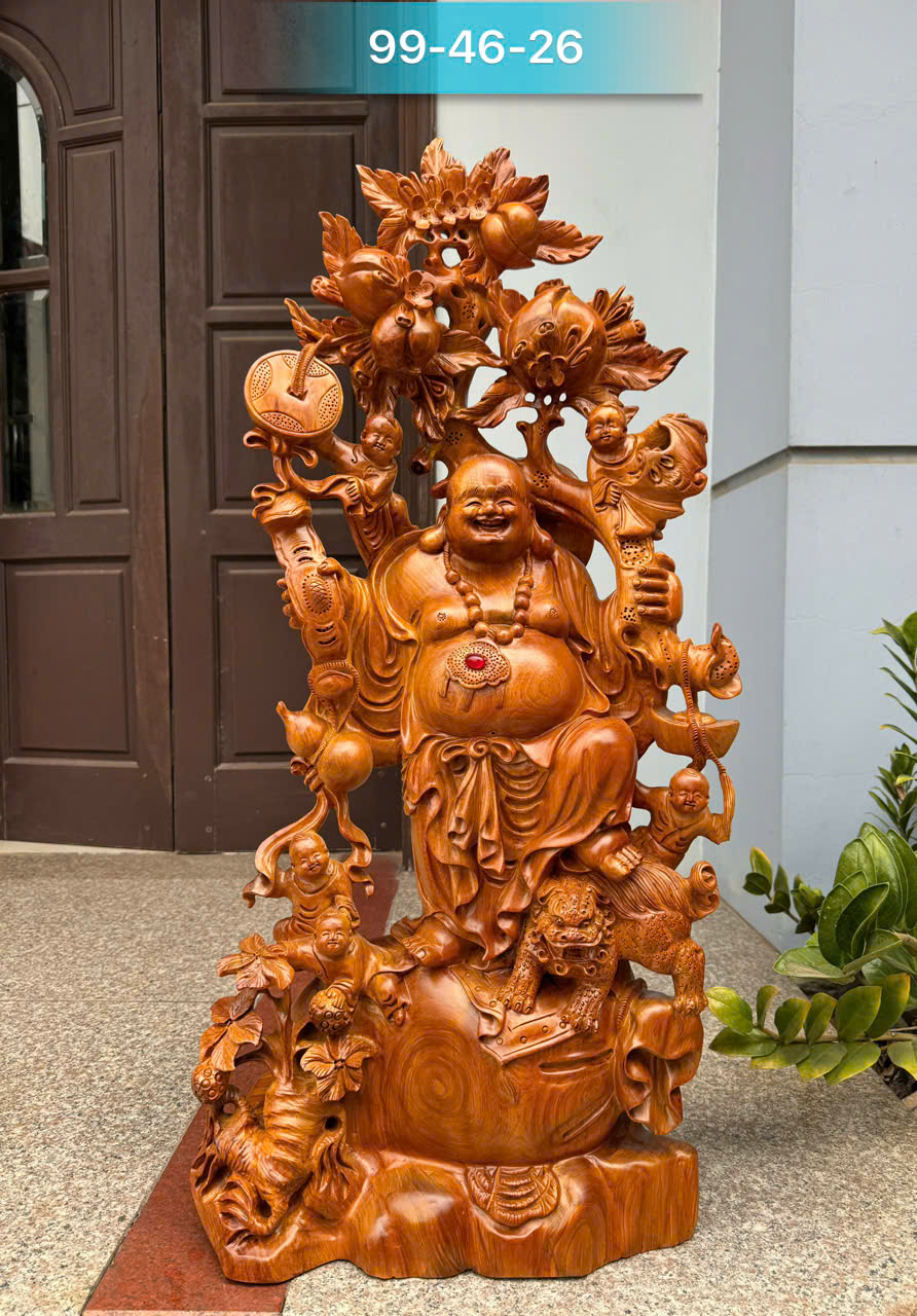 Tượng Di Lặc Ngũ Phúc Gỗ Hương Ta - Cao 99cm, Chạm Khắc Tinh Xảo