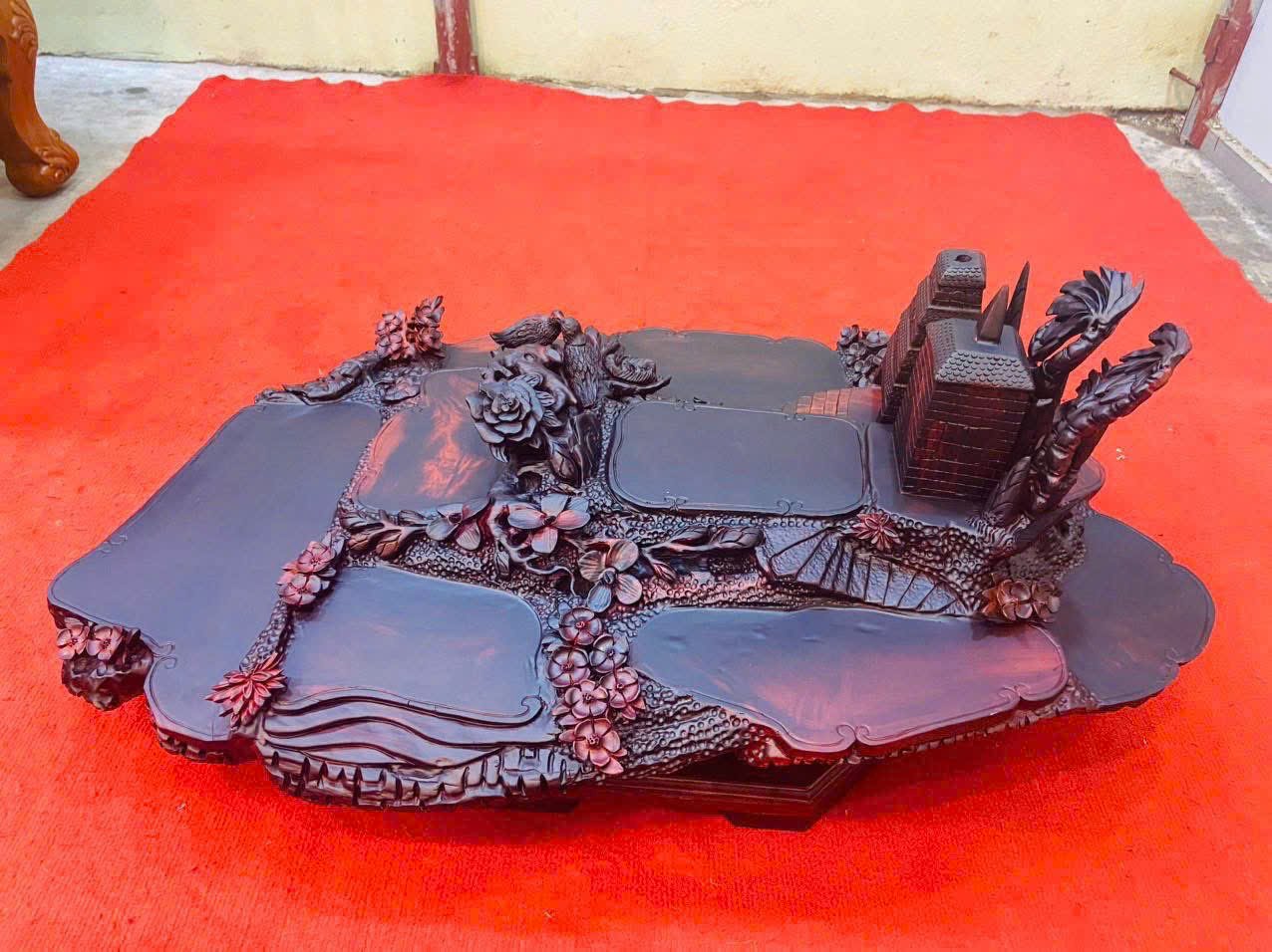 Khay Trà Gỗ Trắc Đỏ Đen – Phu Thê Viên Mãn, Chạm Khắc Tinh Xảo