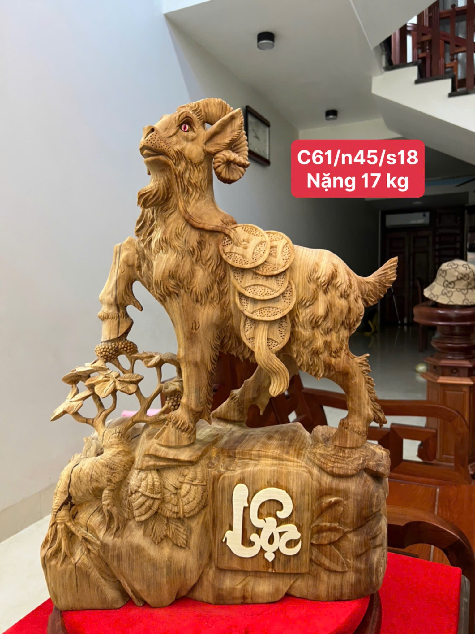 Tượng Dê Nhất Dương Tài Lộc Gỗ Ngọc Am – Cao 61cm, Nặng 17kg