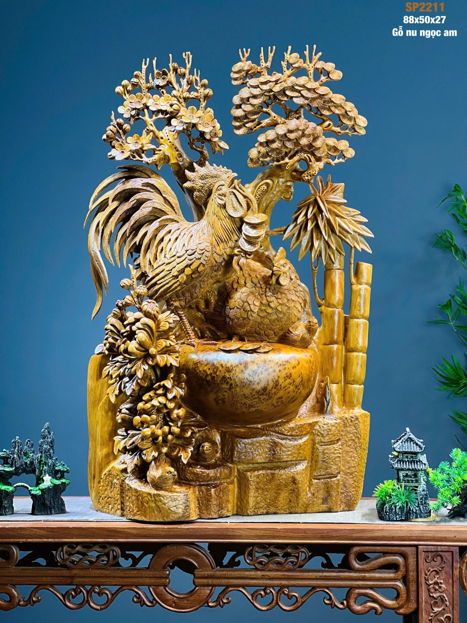 Tượng Gia Đình Gà Bốn Mùa Gỗ Nu Ngọc Am – Phú quý, tài lộc, đoàn viên