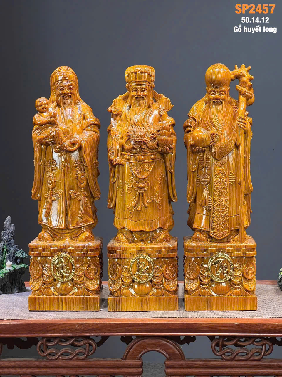 Tượng Tam Đa Phúc Lộc Thọ Gỗ Huyết Long – Cao 50cm, Mọng Dầu