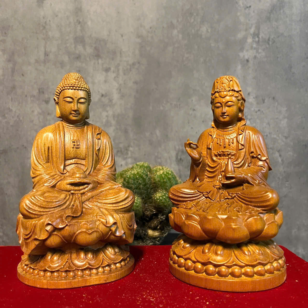 Tượng Phật Ông - Bà Gỗ Bách Xanh 15cm – Bình An & Phúc Lộc