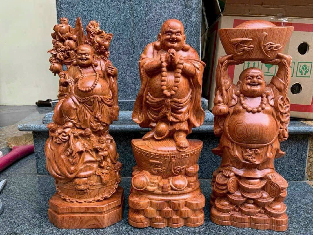 Bộ 3 Tượng Di Lặc Gỗ Hương – Tài Lộc, Bình An, May Mắn
