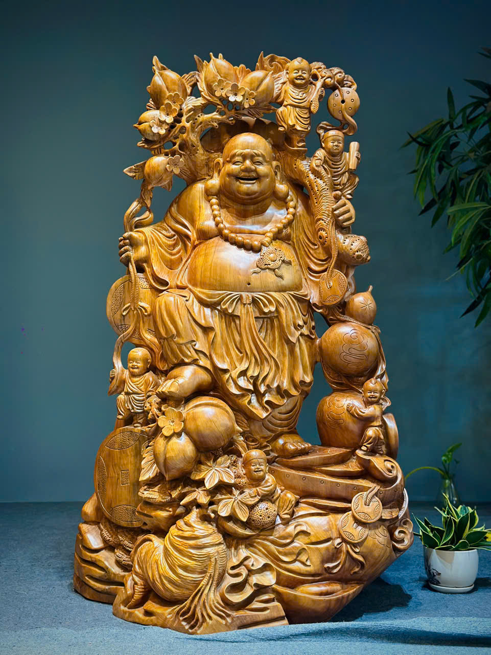 Tượng Di Lặc Ngũ Phúc – Gỗ Ngọc Am Nguyên Khối, Cao 139cm