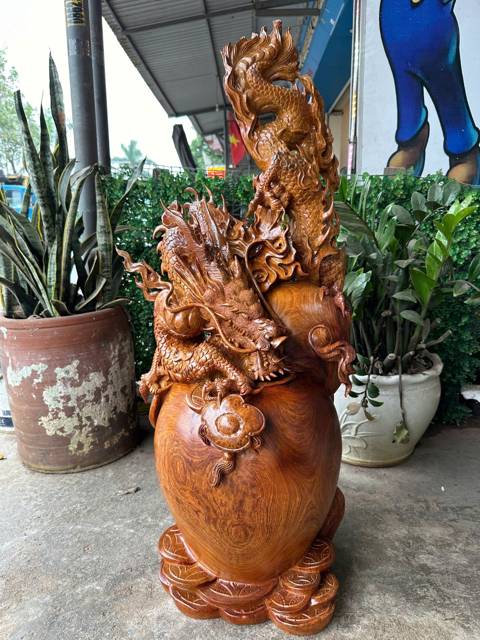 Tượng Nhất Long Vờn Bình Phú Quý – Gỗ Hương Gia Lai, Cao 102cm