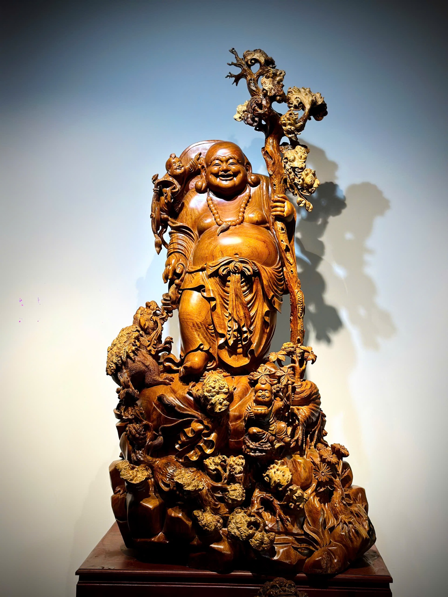 Tượng Di Lặc Nhị Phúc – Gỗ Nu Hương Ta, Cao 1m8, Đục Kỹ