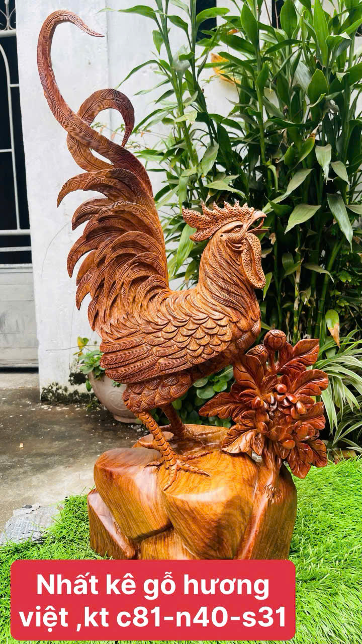 Tượng Nhất Kê gỗ hương Gia Lai đục tay thủ công, ghép chút đuôi