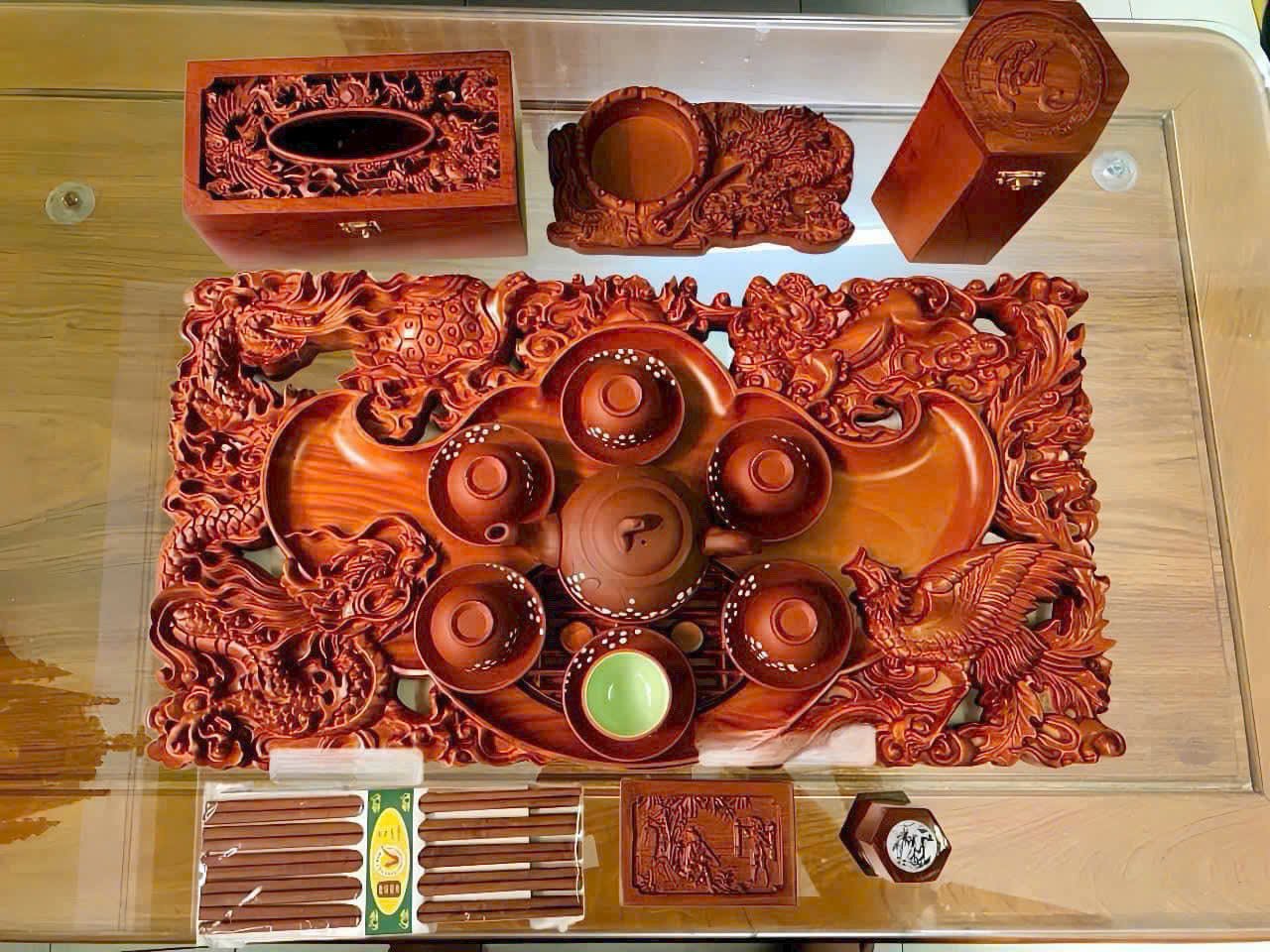 Combo khay trà gỗ xà cừ 8 món cao cấp – tiện dụng, sang trọng