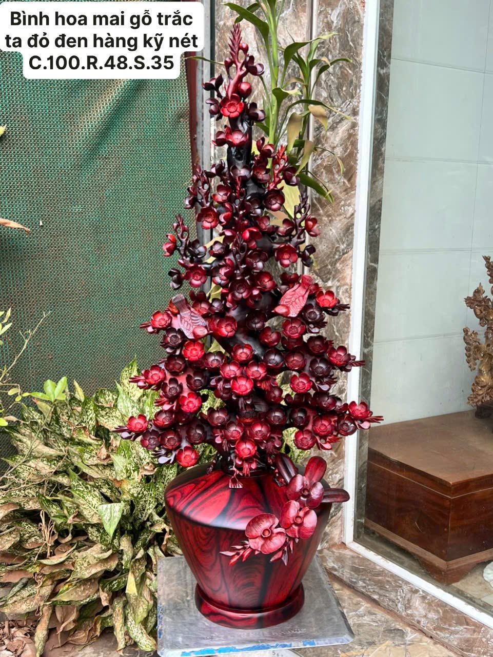 Bình Hoa Mai Gỗ Trắc Ta Đỏ Đen – Hàng Kỹ Nét, Cao Cấp