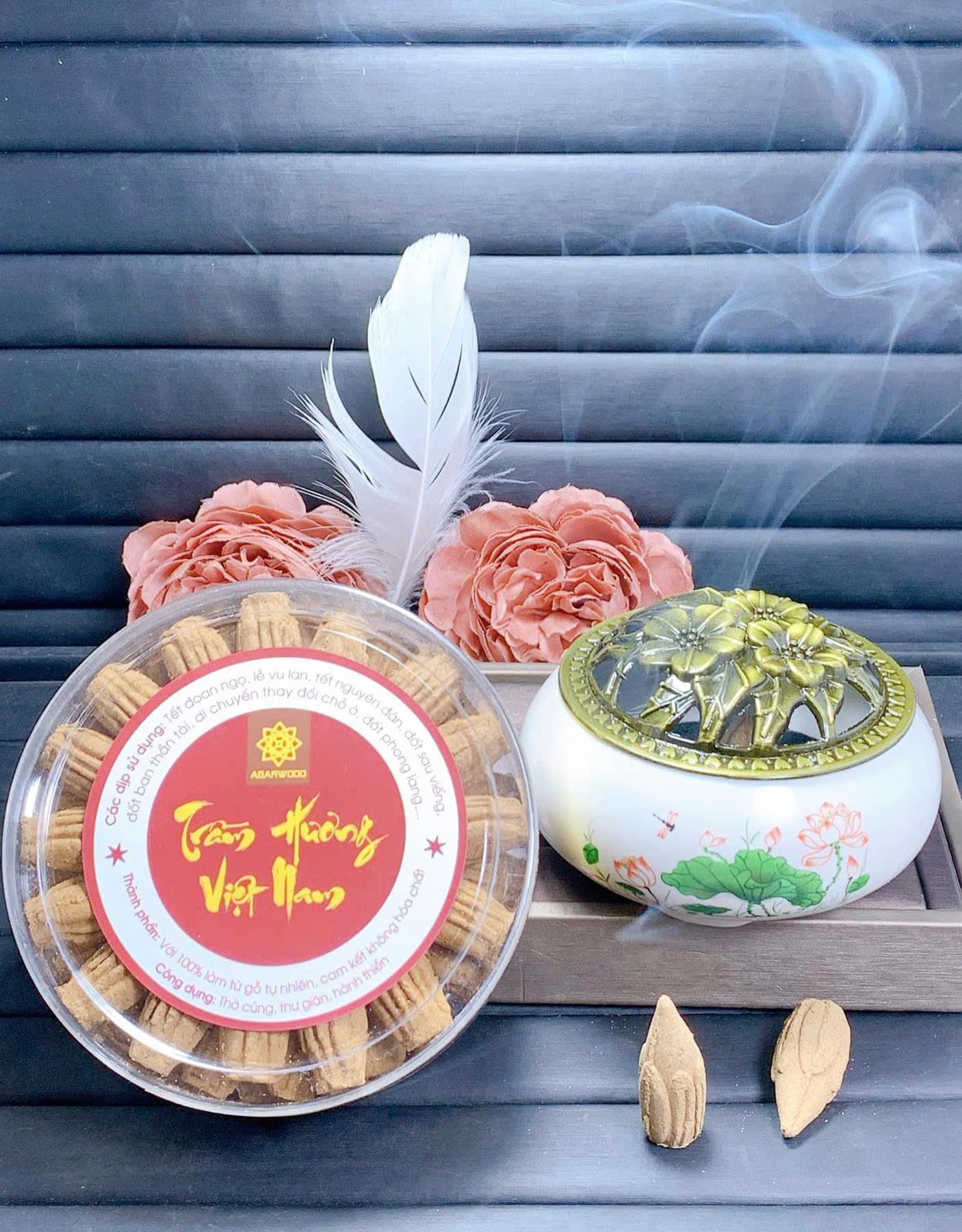 Combo Nụ Trầm Búp Sen & Lư Xông Trầm Sứ – 100% Trầm Tự Nhiên