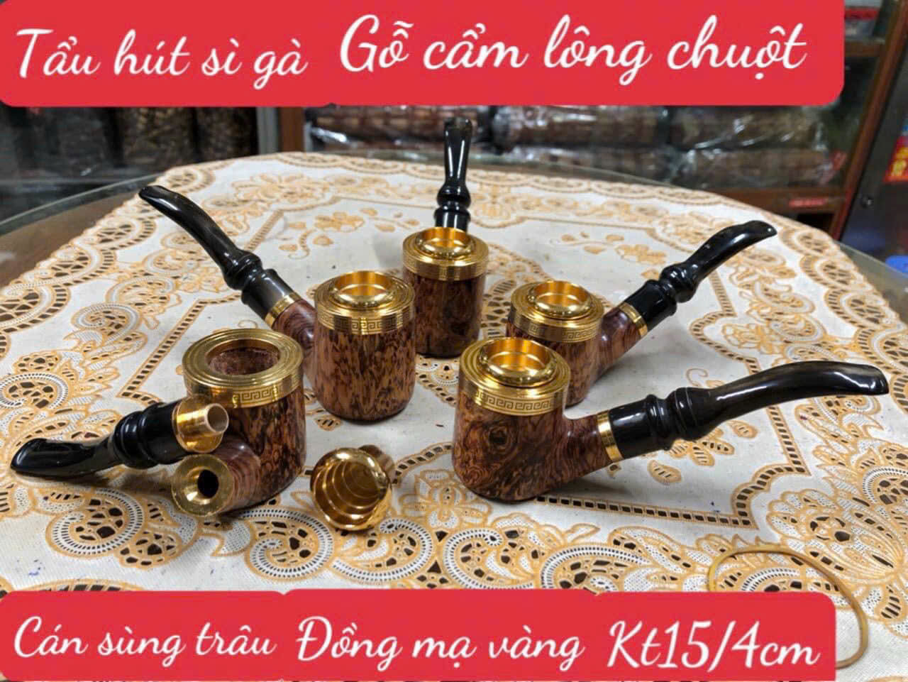 Tẩu Hút Xì Gà Gỗ Cẩm Lông Chuột – Cán Sừng Trâu, Đồng Mai Vàng