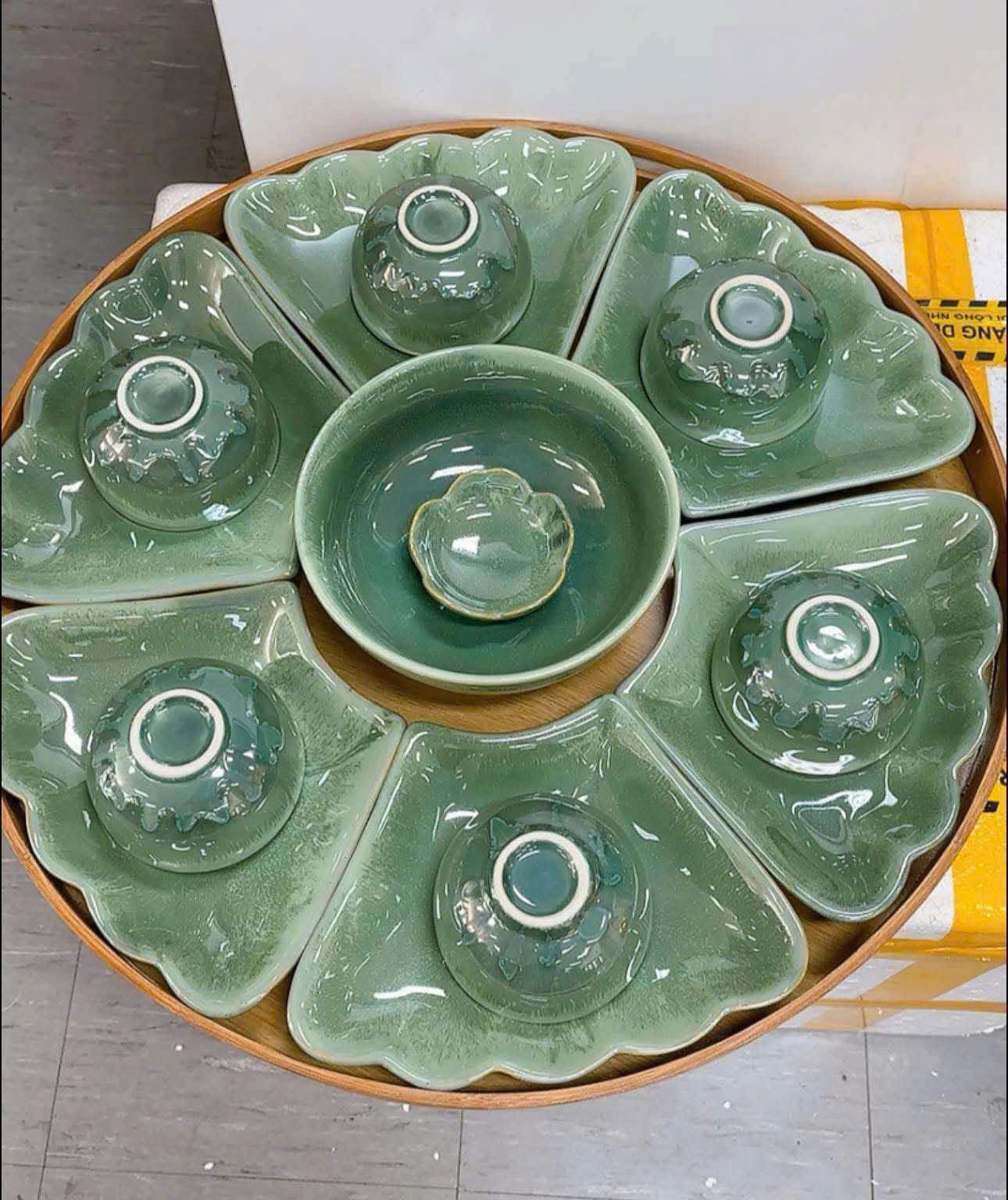 Set bát đĩa Bát Tràng hoa mặt trời men thiên thanh 15 món