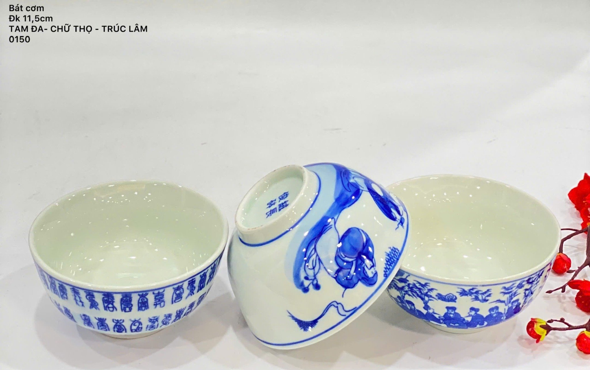 Set bát cơm Bát Tràng men lam miệng 11,5cm