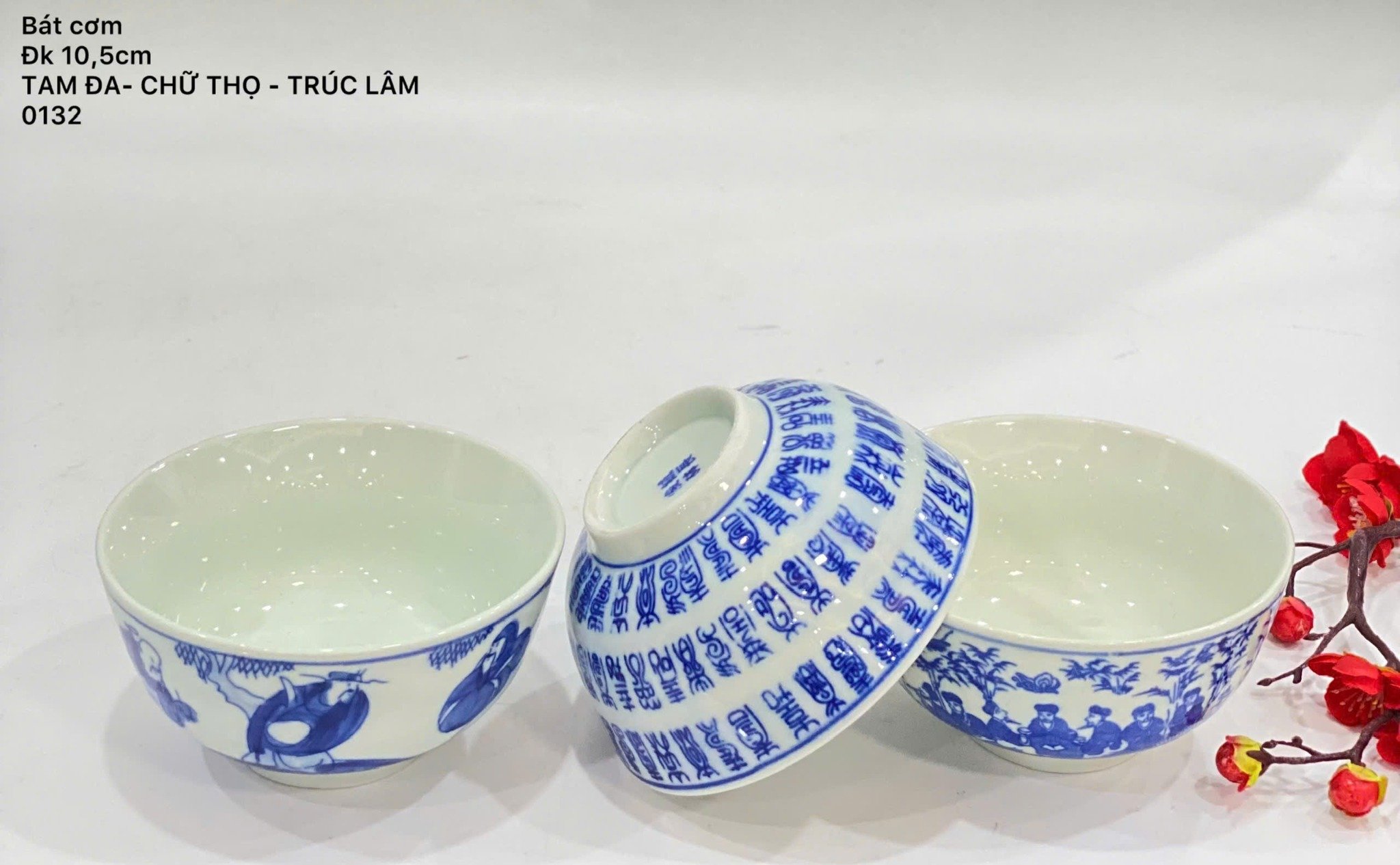 Set bát cơm Bát Tràng men lam miệng 10,5cm