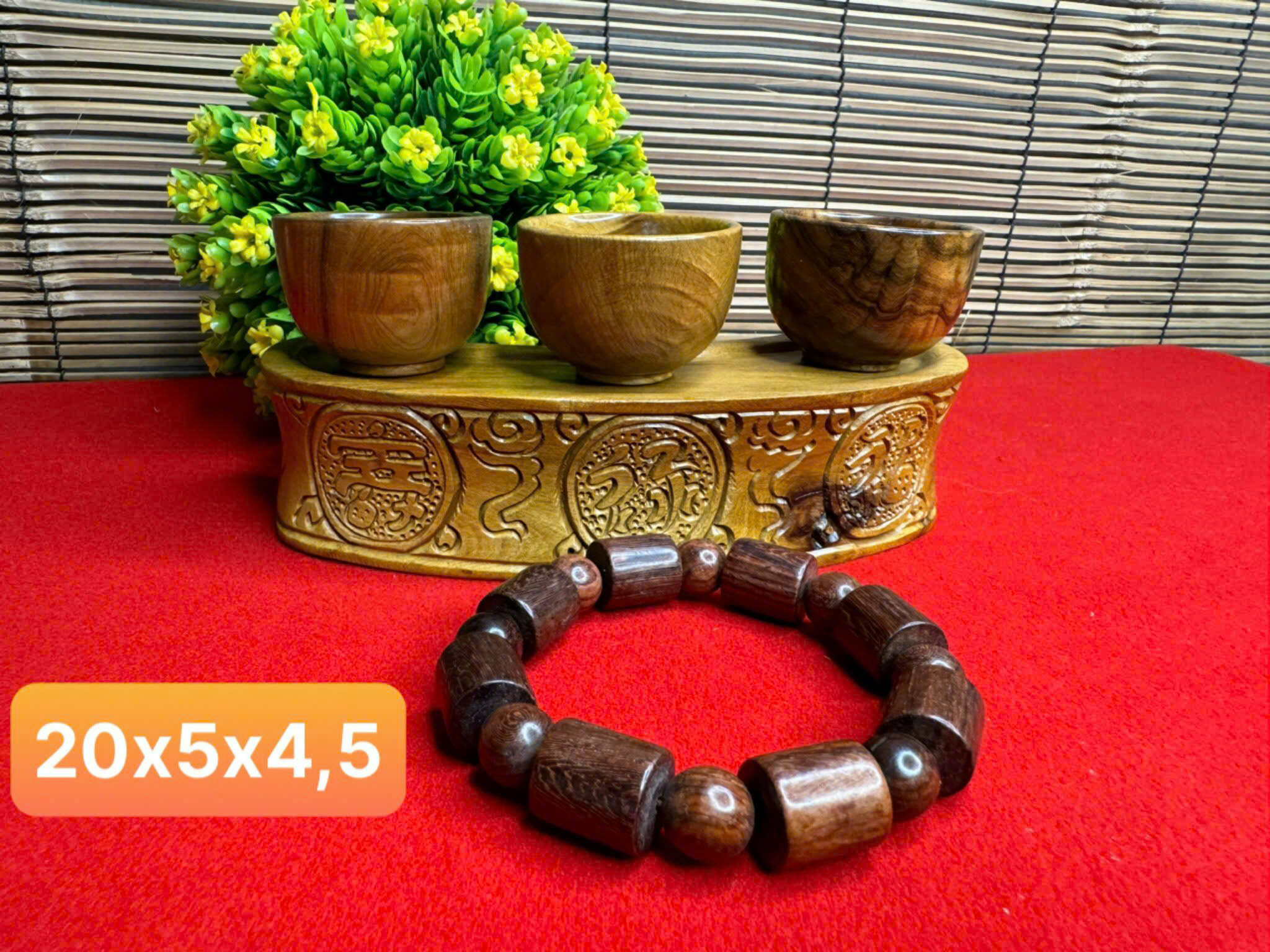 Bộ chén Phúc Lộc Thọ gỗ Bách Xanh – đục tay thủ công, bày bàn thờ trang nghiêm