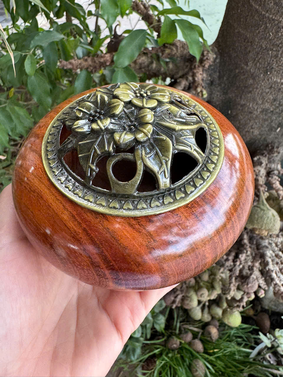 Lư xông trầm gỗ hương nắp hoa thị – thơm thư giãn, decor sang trọng