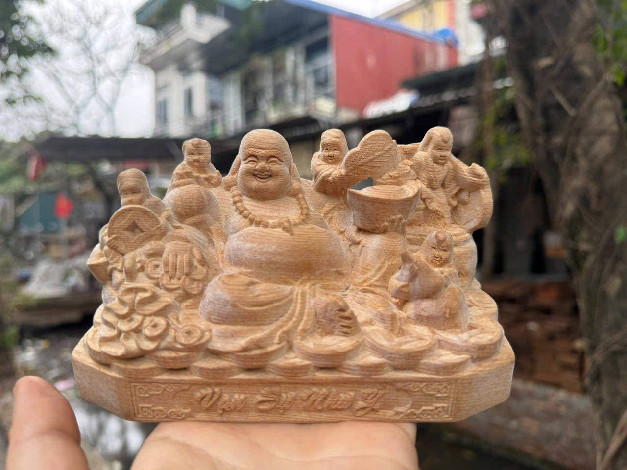 Tượng Di Lặc Ngũ Phúc gỗ Ngọc Am tuyết – để xe hơi – gỗ thơm phong thủy