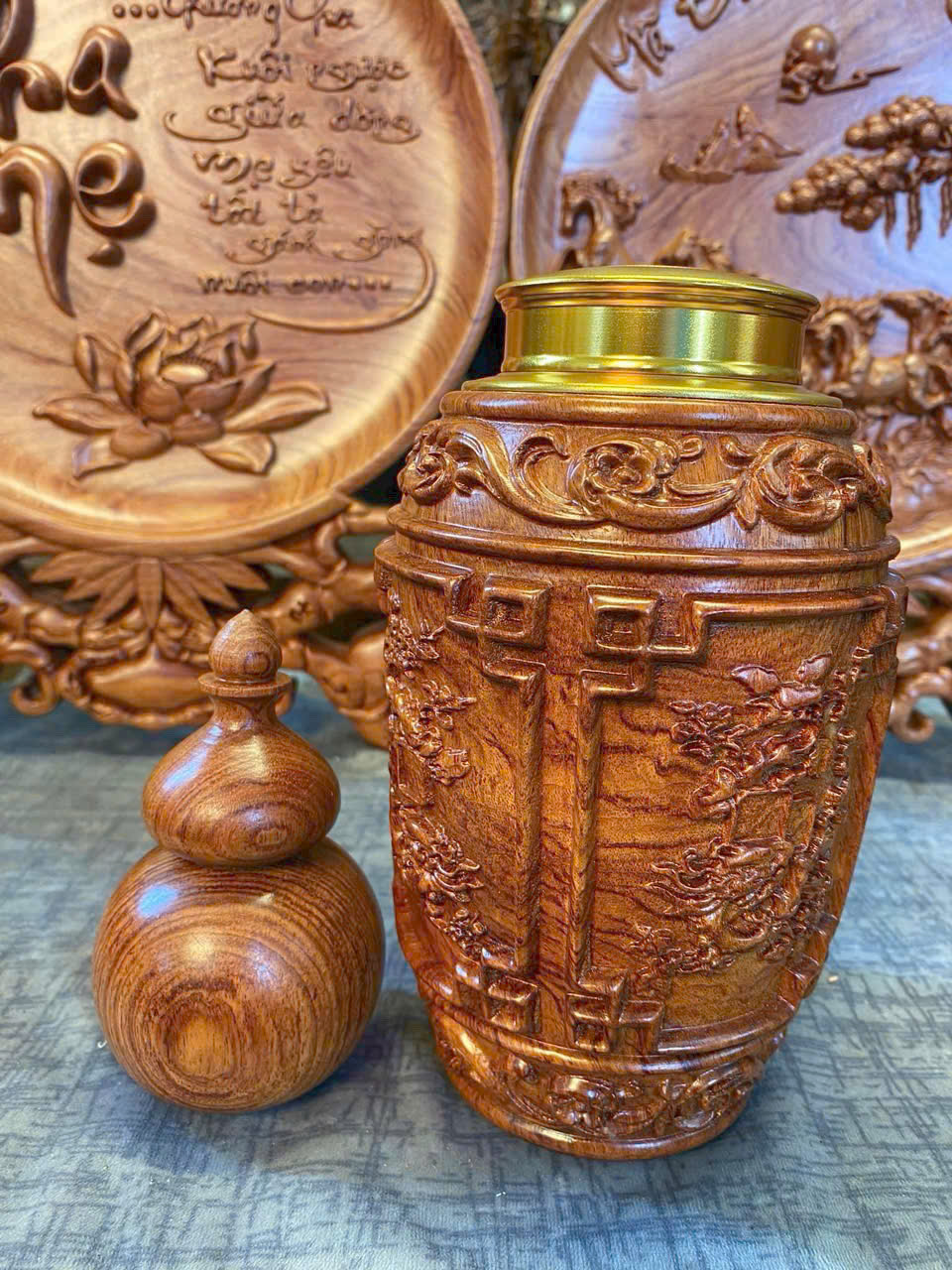 Bộ hộp chè và lọ tăm gỗ mỹ nghệ cao cấp