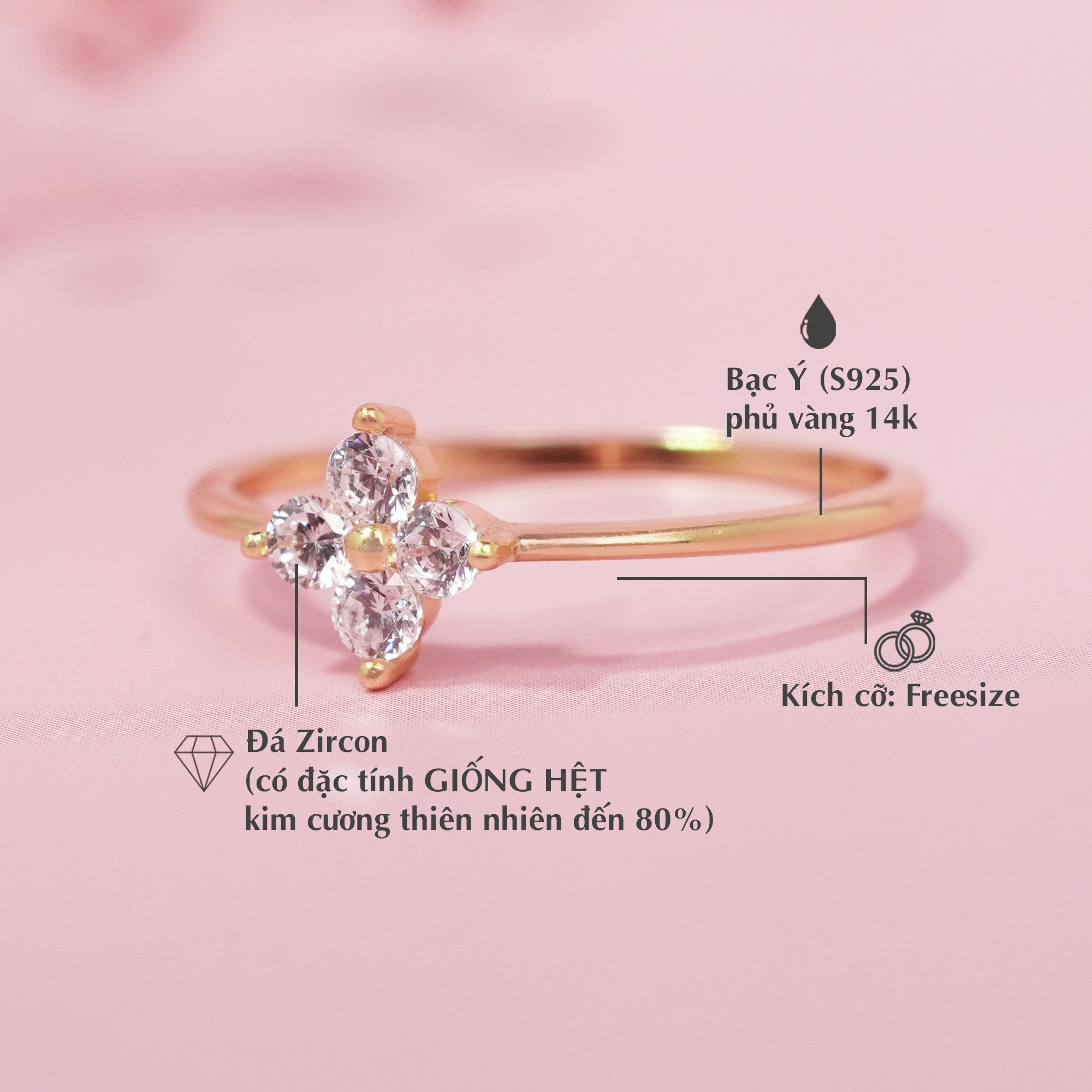 Nhẫn Cỏ Bốn Lá Đính Đá