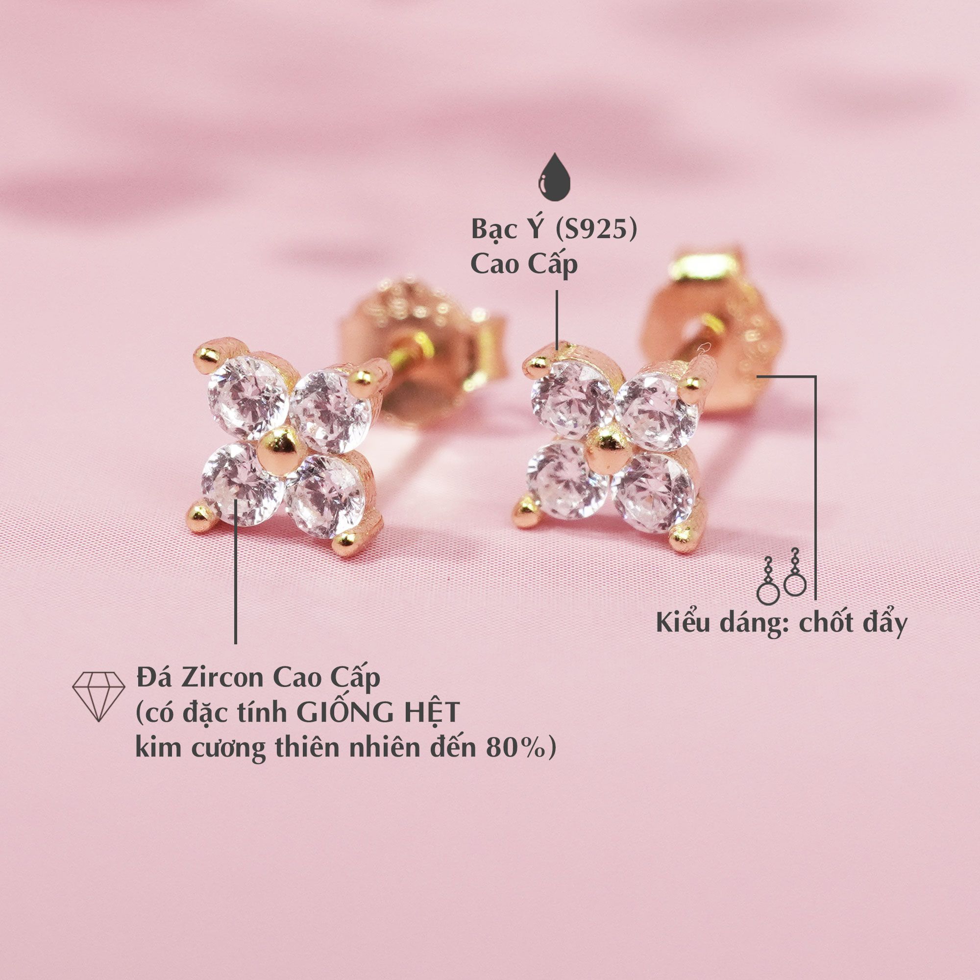 Hoa Tai Cỏ Bốn Lá Đính Đá