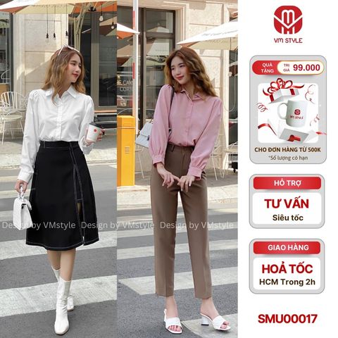 Áo sơ mi nữ tay dài, sơ mi công sở VM STYLE thiết kế tay phồng form rộng basic đi chơi, đi học, đi làm  - SMU00017