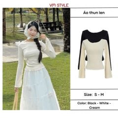 Áo kiểu tay dài nữ VMSTYLE, Áo kiểu form ôm ống tay loe trễ vai lai cuốn biên trơn đi học, đi chơi ATU00576