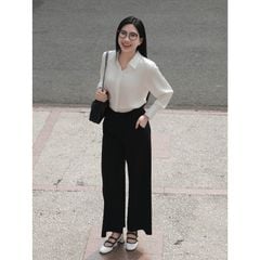 Quần tây ống rộng xếp ly lưng cao VMSTYLE, Quần âu dáng suông màu ghi đi làm QTR00054