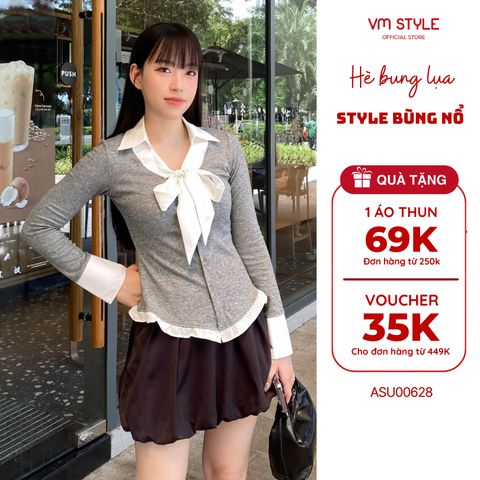 Áo Tay Dài VM STYLE Kiểu Sơ Mi Cột Nơ Viền Bèo Chất Thun Co Dãn ASU00628