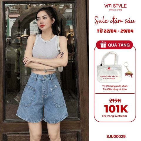Quần short jean nữ VMSTYLE lai thường 2 túi trước cạp cao 307 - SJU00029