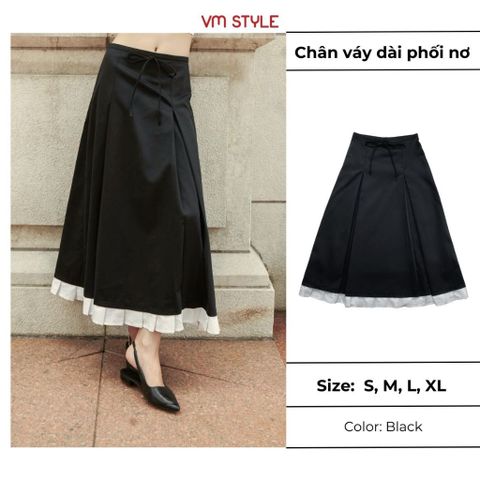 Chân váy chữ A dài phối nơ VMSTYLE, chân váy form xòe xếp ly phối lai CVD00112 - DATELINE