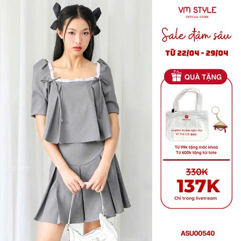 Áo kiểu nữ VMSTYLE croptop phối ren cột nơ xếp ly hoặc chân váy ngắn (bán lẻ) - ASU00540 CVN00147