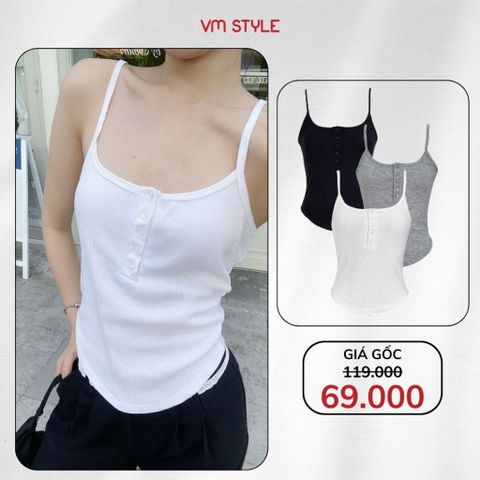 Áo thun 2 dây nữ VMSTYLE ôm body croptop vạt bầu phối nút basic thời trang mùa hè, đi biển ATU00806