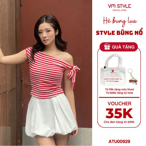 Áo trễ vai cột nơVMSTYLE Áo bẹt vai kẻ sọc chiết eo đi chơi, đi chụp ảnh ATU00929