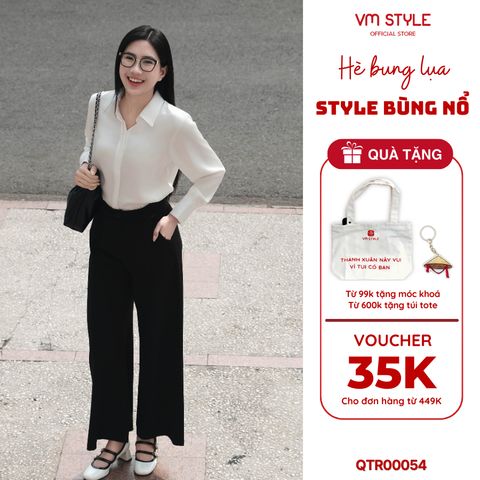 Quần tây ống rộng xếp ly lưng cao VMSTYLE, Quần âu dáng suông màu ghi đi làm QTR00054