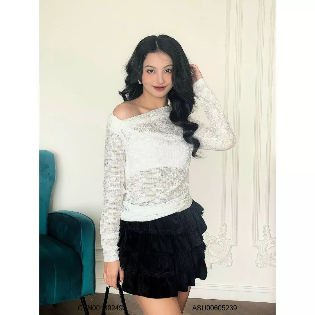[Võ Hà Linh x VM STYLE] Áo kiểu thun lưới trễ vai tay dài, áo thun lưới trễ vai đi chơi, di chụp hình ASU00605