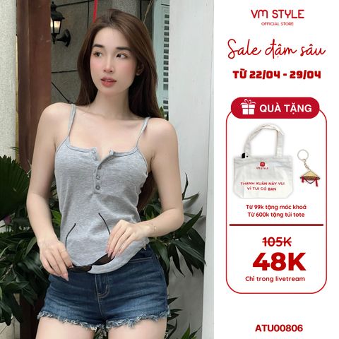 Áo thun 2 dây nữ VMSTYLE ôm body croptop vạt bầu phối nút basic thời trang mùa hè, đi biển ATU00806