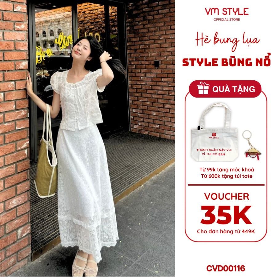 [Võ Hà Linh x VM STYLE] Chân váy ren dáng dài, 2 lớp lót họa tiết hoa lưng thun đi chơi, đi chụp ảnh CVD00116