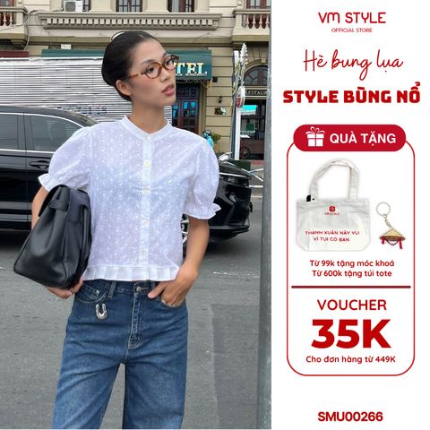 Áo Sơ Mi Tay Ngắn VM STYLE Form Lửng Tay Phồng Họa Tiết Hoa Dễ Thương Xếp Ly SMU00266
